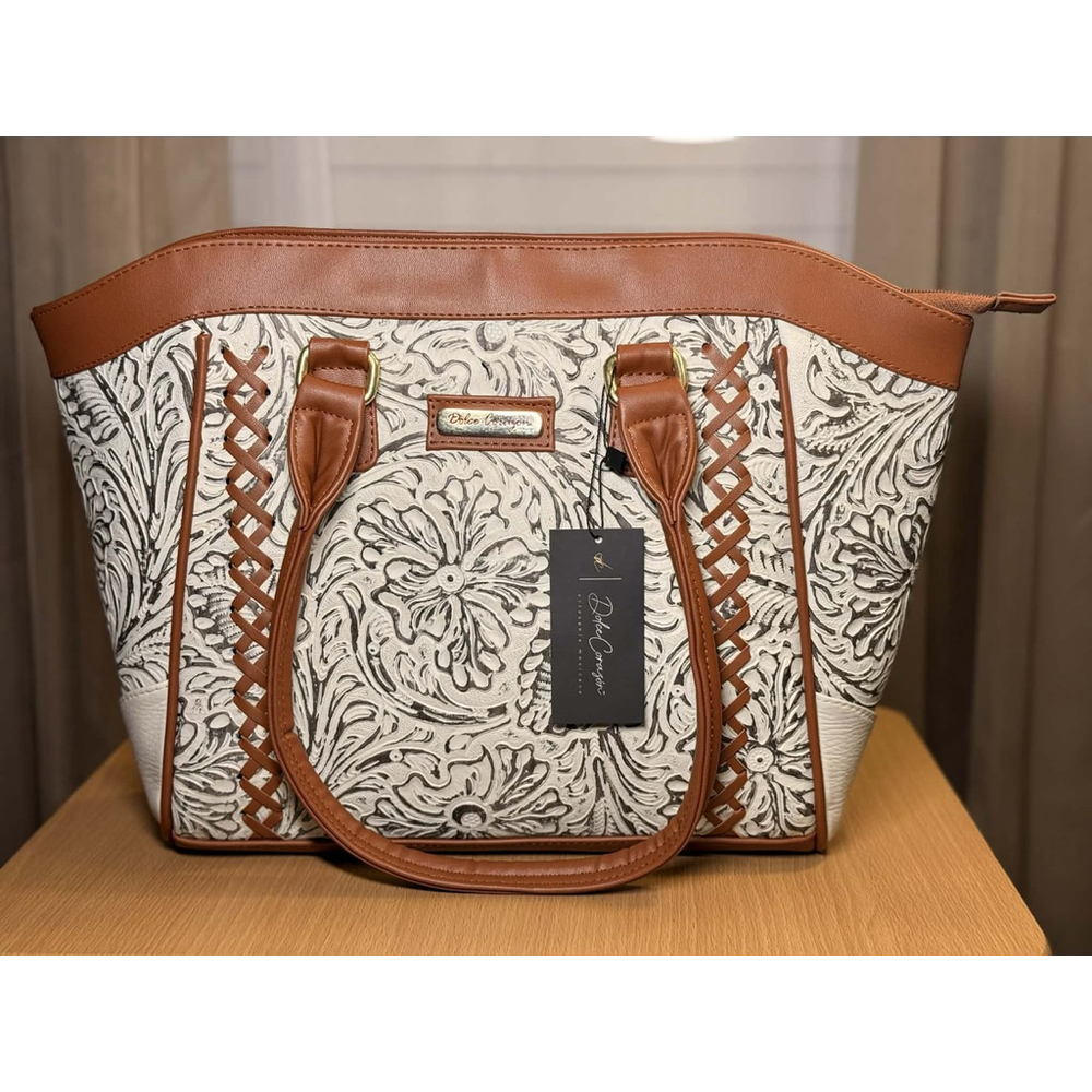 Cappuccino Brown Cross Stitch Embossed Tooled Artisan LEATHER Shoulder Bag Purse - Picture 10 of 16